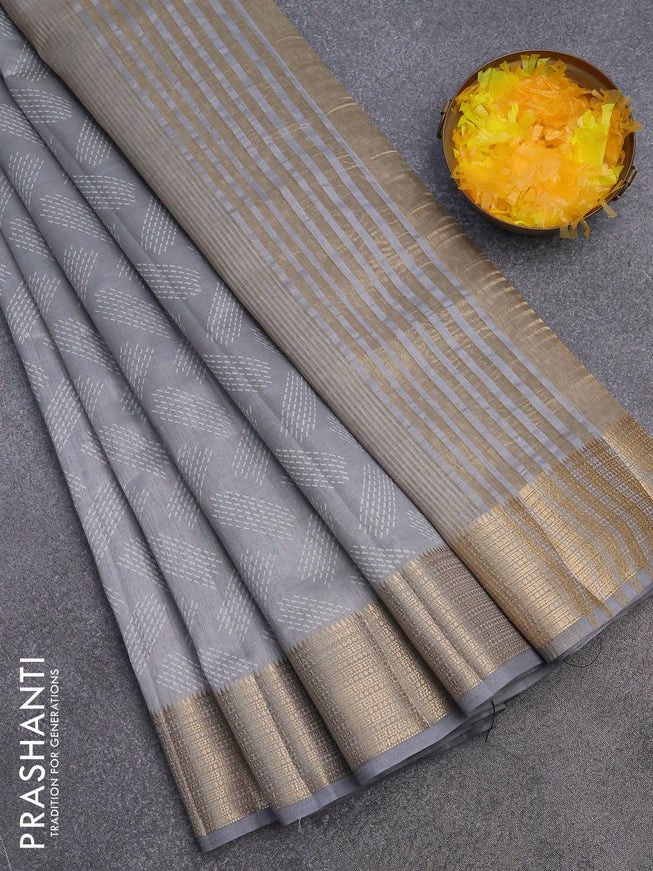 Semi raw silk saree grey with allover butta prints and zari woven border