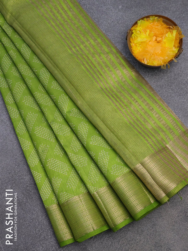 Semi raw silk saree light green with allover butta prints and zari woven border