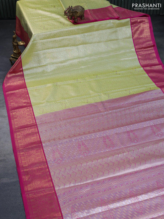 Tissue semi kanchipuram saree pista green and pink with allover zari woven brocade weaves and rich zari woven korvai border