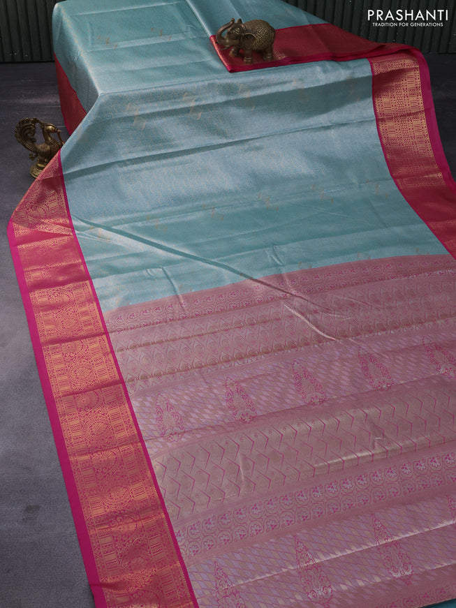 Tissue semi kanchipuram saree teal blue and pink with allover zari woven brocade weaves and rich zari woven korvai border