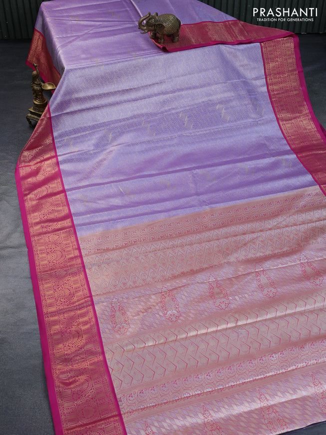 Tissue semi kanchipuram saree lavender and pink with allover zari woven brocade weaves and rich zari woven korvai border