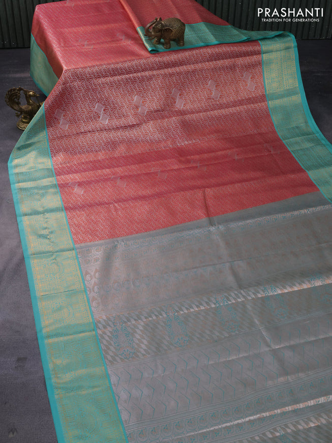 Tissue semi kanchipuram saree red shade and teal green with allover zari woven brocade weaves and rich zari woven korvai border