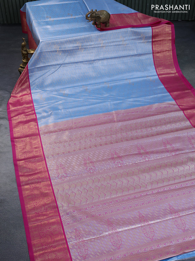 Tissue semi kanchipuram saree light blue and pink with allover zari woven brocade weaves and rich zari woven korvai border