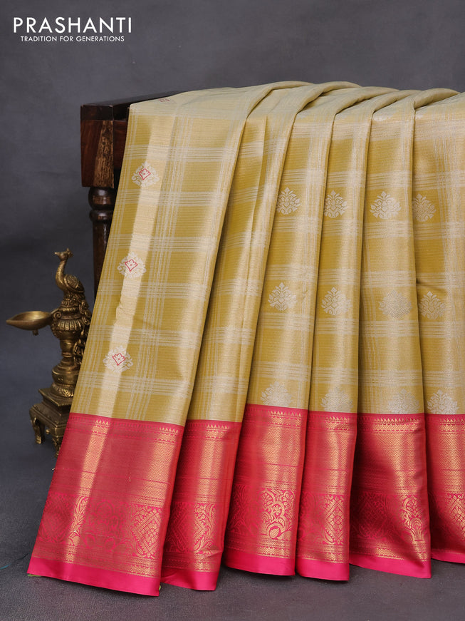 Tissue semi kanchipuram saree sandal and pink with allover zari woven brocade weaves and zari woven border