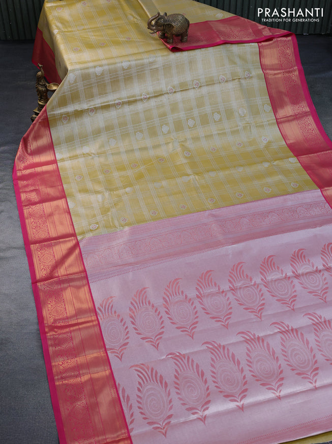 Tissue semi kanchipuram saree sandal and pink with allover zari woven brocade weaves and zari woven border