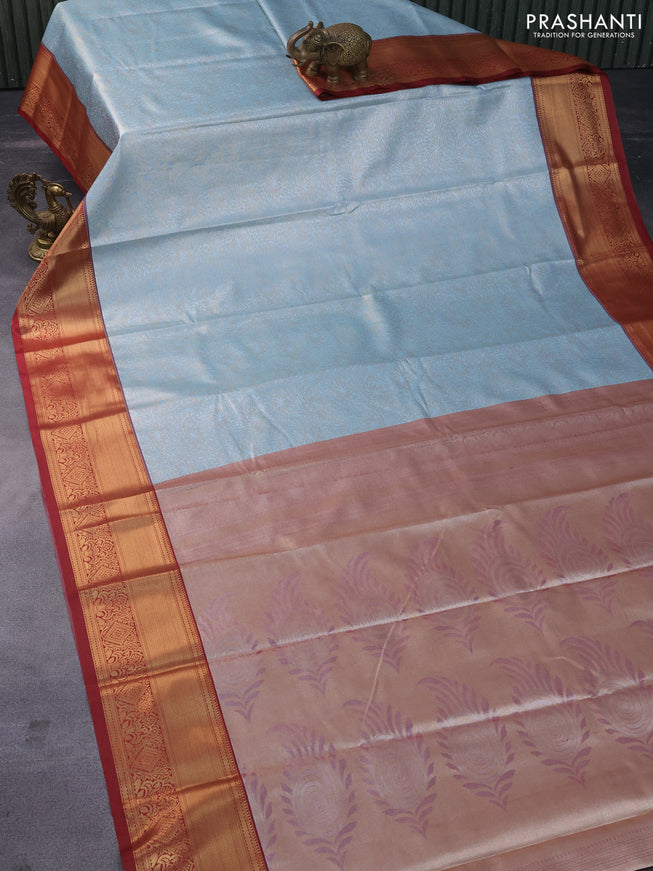 Tissue semi kanchipuram saree light blue and maroon with allover zari woven brocade weaves and zari woven border