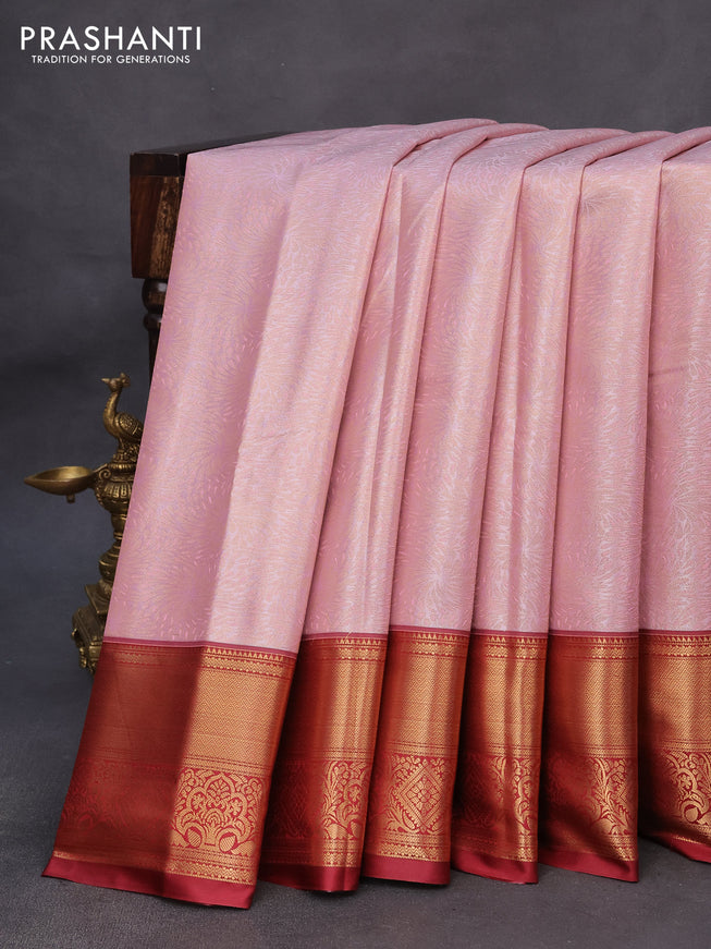 Tissue semi kanchipuram saree baby pink and maroon with allover zari woven brocade weaves and zari woven border