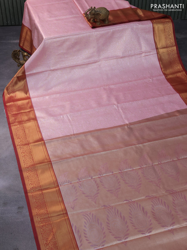 Tissue semi kanchipuram saree baby pink and maroon with allover zari woven brocade weaves and zari woven border