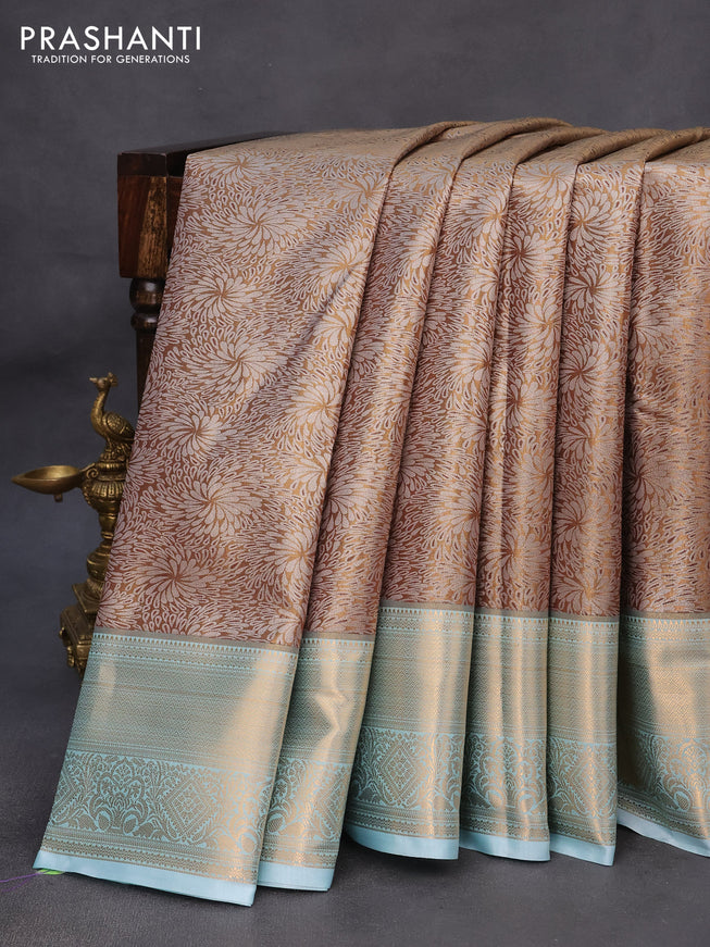 Tissue semi kanchipuram saree dark sandal and light blue with allover zari woven brocade weaves and zari woven border