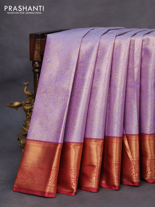 Tissue semi kanchipuram saree lavender and maroon with allover zari woven brocade weaves and zari woven border