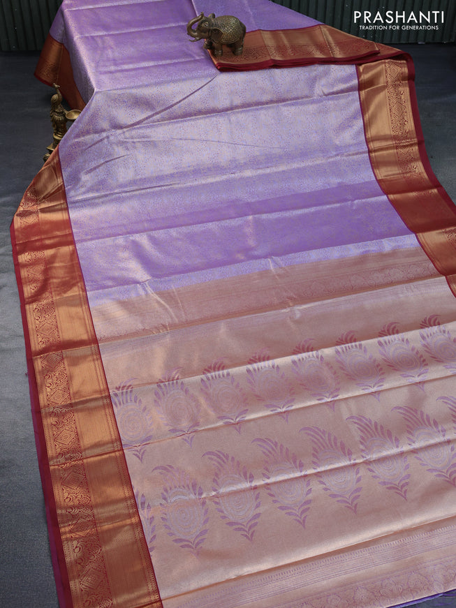 Tissue semi kanchipuram saree lavender and maroon with allover zari woven brocade weaves and zari woven border