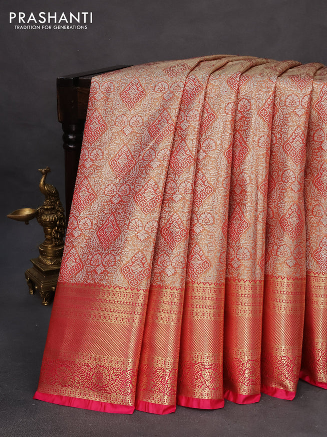 Tissue semi kanchipuram saree dual shade of gold and pink with allover silver zari woven brocade weaves and zari woven border