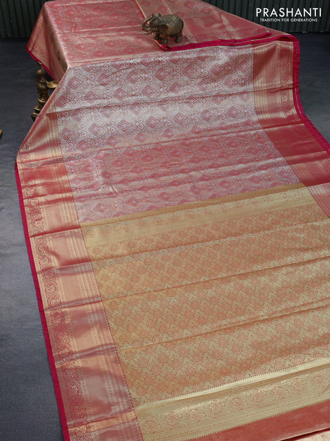 Tissue semi kanchipuram saree dual shade of gold and pink with allover silver zari woven brocade weaves and zari woven border