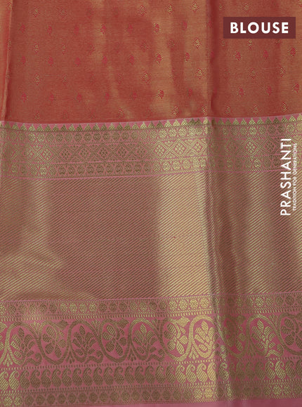 Tissue semi kanchipuram saree peach shade with allover zari woven brocade weaves and long zari woven border