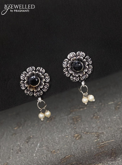 Oxidised necklace floral design with black stones and pearl hangings