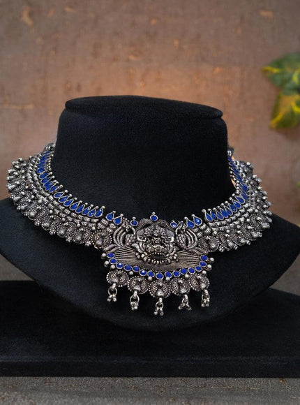 Oxidised necklace lakshmi design with sapphire stones and hangings