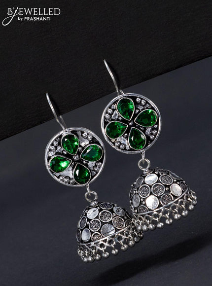 Oxidised hanging type jhumka with emerald stone and hangings