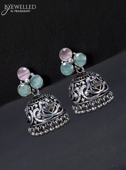 Oxidised jhumka with mint green & baby pink stone and hangings