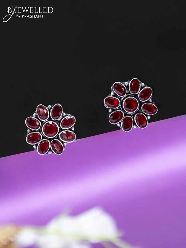 Oxidised earrings floral design with maroon stones