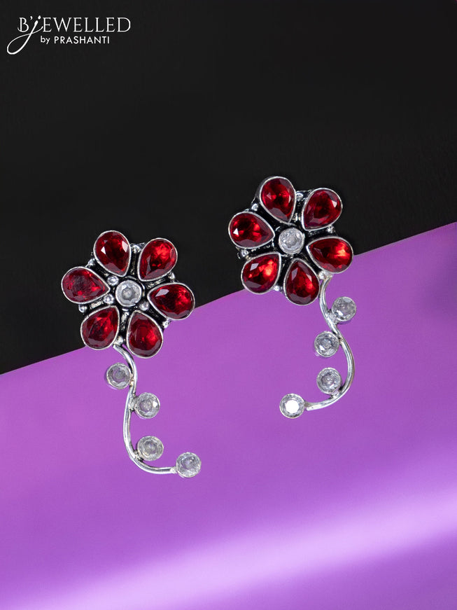 Oxidised earrings floral design with maroon and white stones