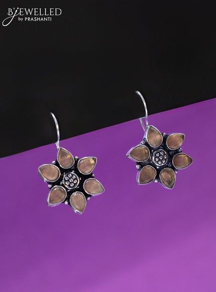 Oxidised hanging type earring floral design with peach stones