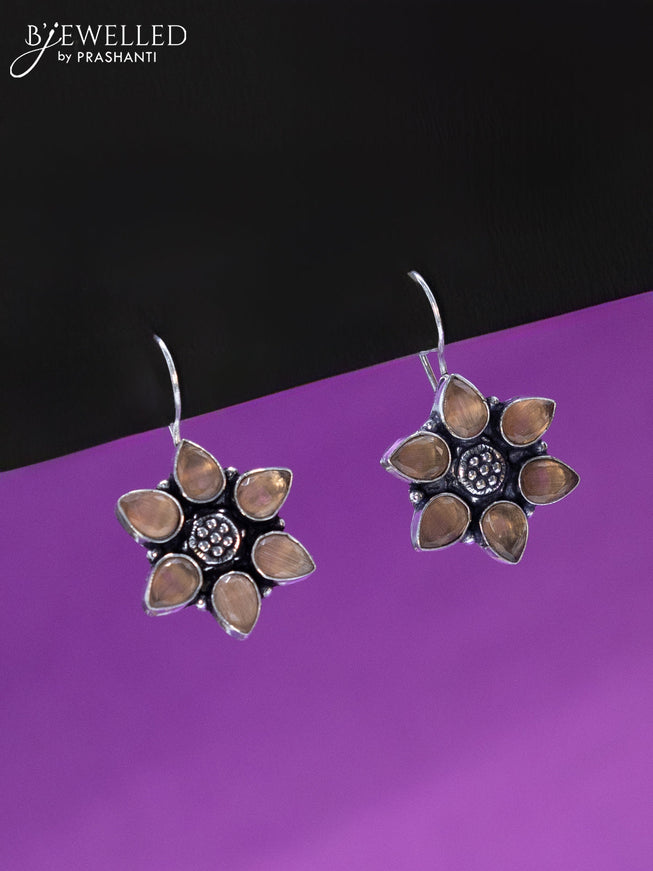 Oxidised hanging type earring floral design with peach stones