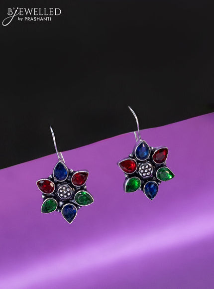 Oxidised hanging type earring floral design with multi colour stones