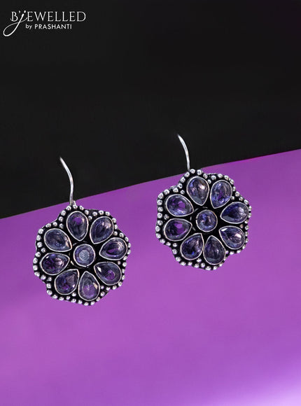 Oxidised hanging type earring floral design with violet stones