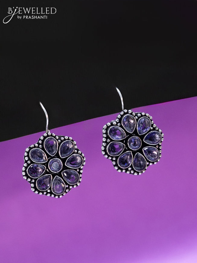 Oxidised hanging type earring floral design with violet stones