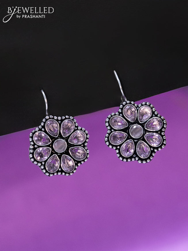 Oxidised hanging type earring floral design with baby pink stones