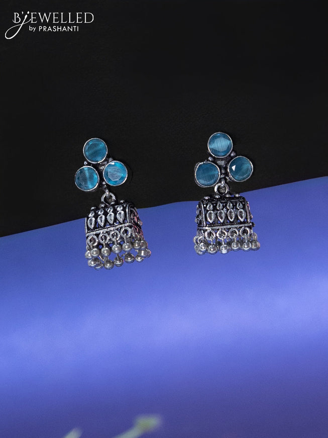 Oxidised jhumka with ice blue stone and hangings