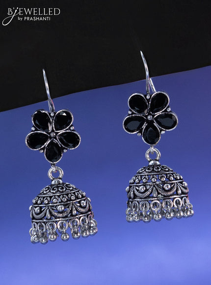 Oxidised hanging type jhumka floral design with black stone and hangings