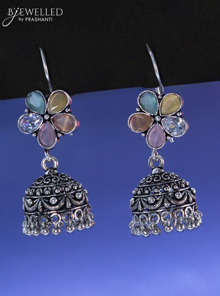 Oxidised hanging type jhumka floral design with multi colour stone and hangings