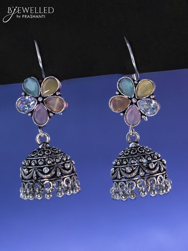 Oxidised hanging type jhumka floral design with multi colour stone and hangings