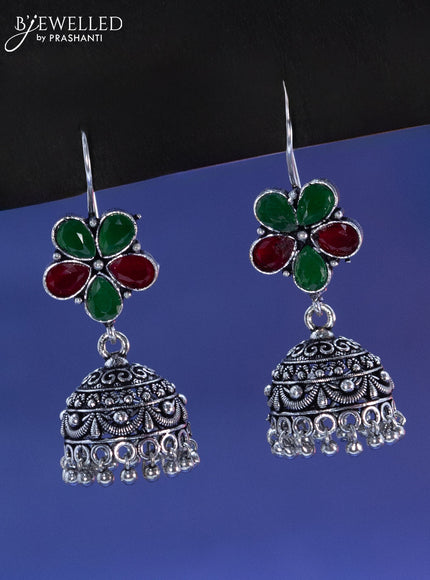 Oxidised hanging type jhumka floral design with kemp stone and hangings