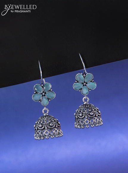 Oxidised hanging type jhumka floral design with mint green stone and hangings