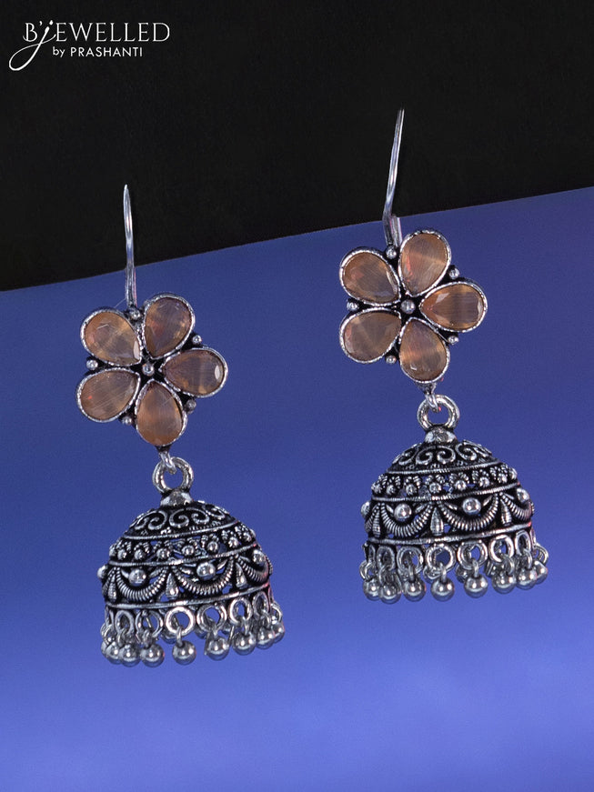 Oxidised hanging type jhumka floral design with peach stone and hangings