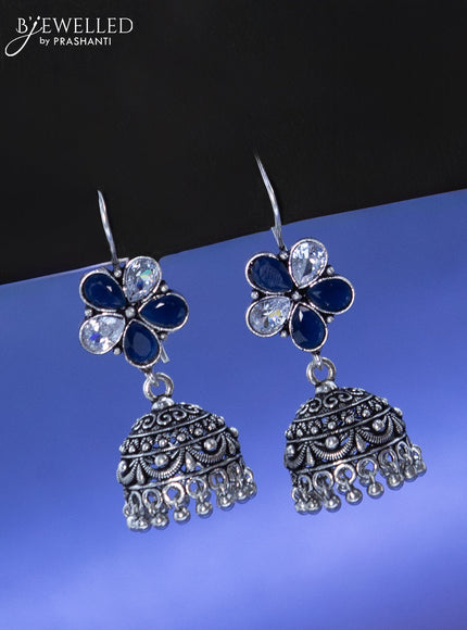 Oxidised hanging type jhumka floral design with sapphire & cz stone and hangings