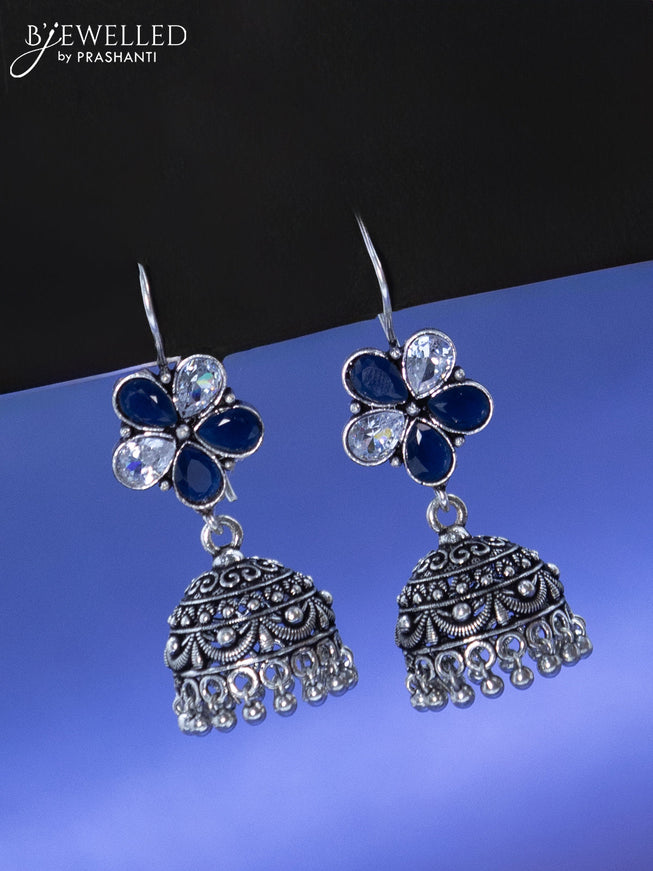 Oxidised hanging type jhumka floral design with sapphire & cz stone and hangings