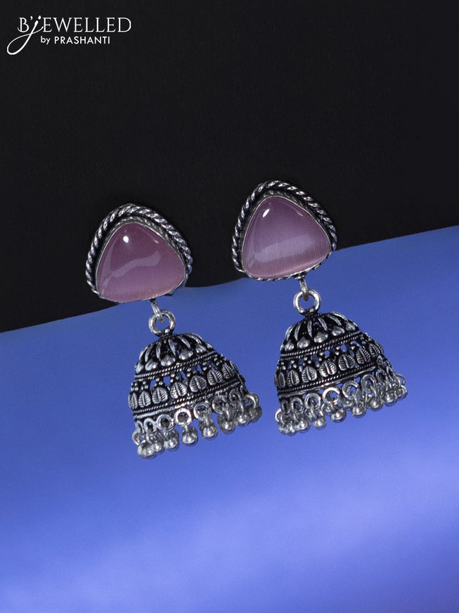 Oxidised jhumka with baby pink stone and hangings