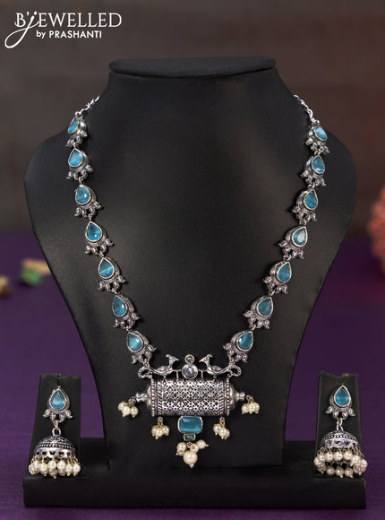 Oxidised necklace with ice blue & cz stones and pearl hangings