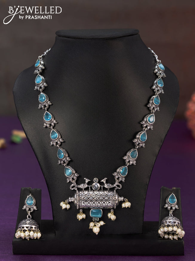 Oxidised necklace with ice blue & cz stones and pearl hangings