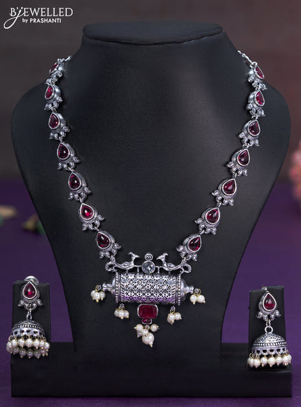 Oxidised necklace with ruby & cz stones and pearl hangings