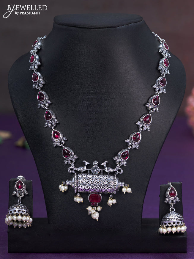 Oxidised necklace with ruby & cz stones and pearl hangings