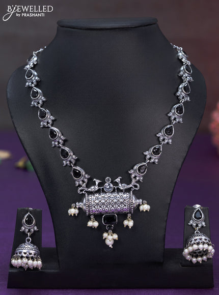 Oxidised necklace with black & cz stones and pearl hangings