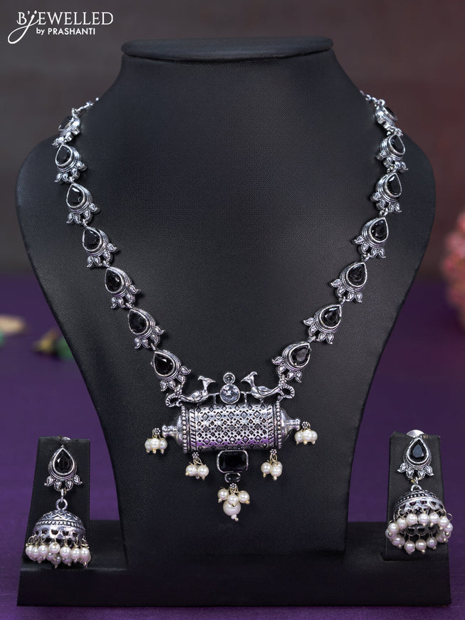 Oxidised necklace with black & cz stones and pearl hangings