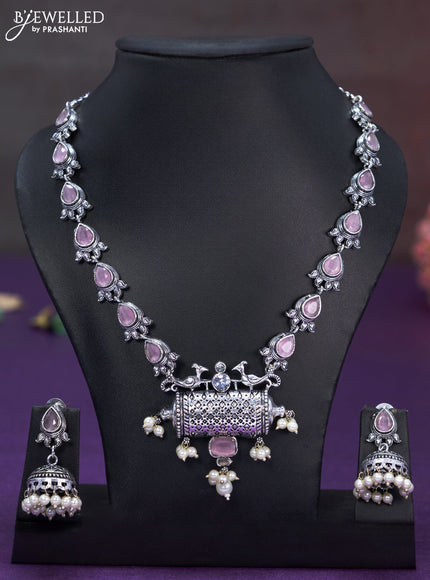 Oxidised necklace with baby pink & cz stones and pearl hangings