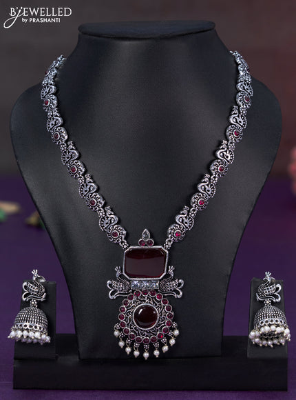 Oxidised necklace with ruby & cz stones and pearl hangings