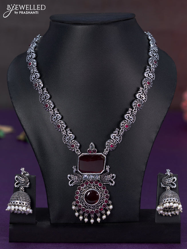 Oxidised necklace with ruby & cz stones and pearl hangings