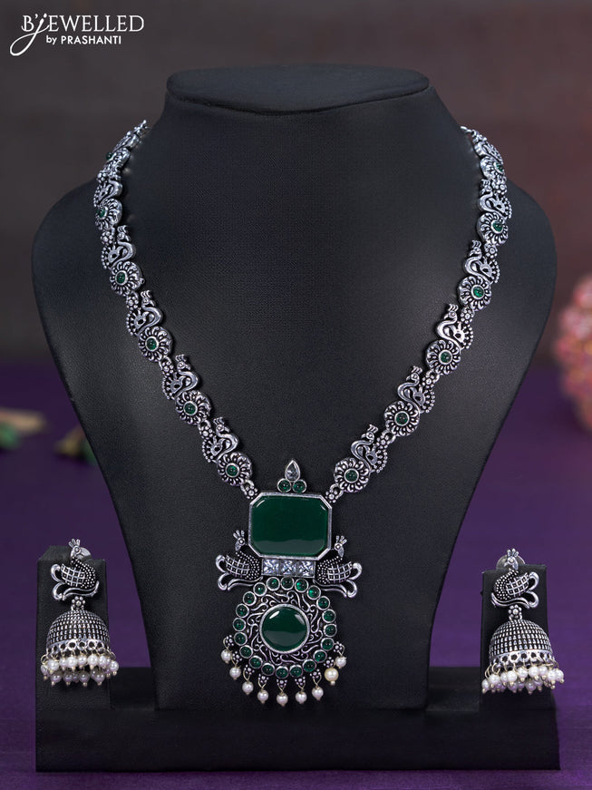 Oxidised necklace with emerald & cz stones and pearl hangings